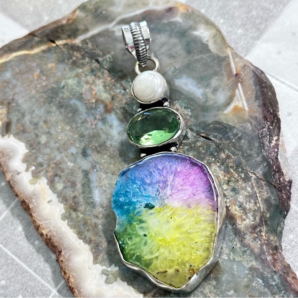 Handcrafted Artisan Rainbow Solar Agate with Peridot and Pearl Accents Pendant